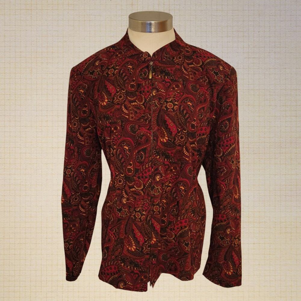 90s Paisley Zip Jacket Deep Red Notations Petite L Shoulder Pads Waist Seam